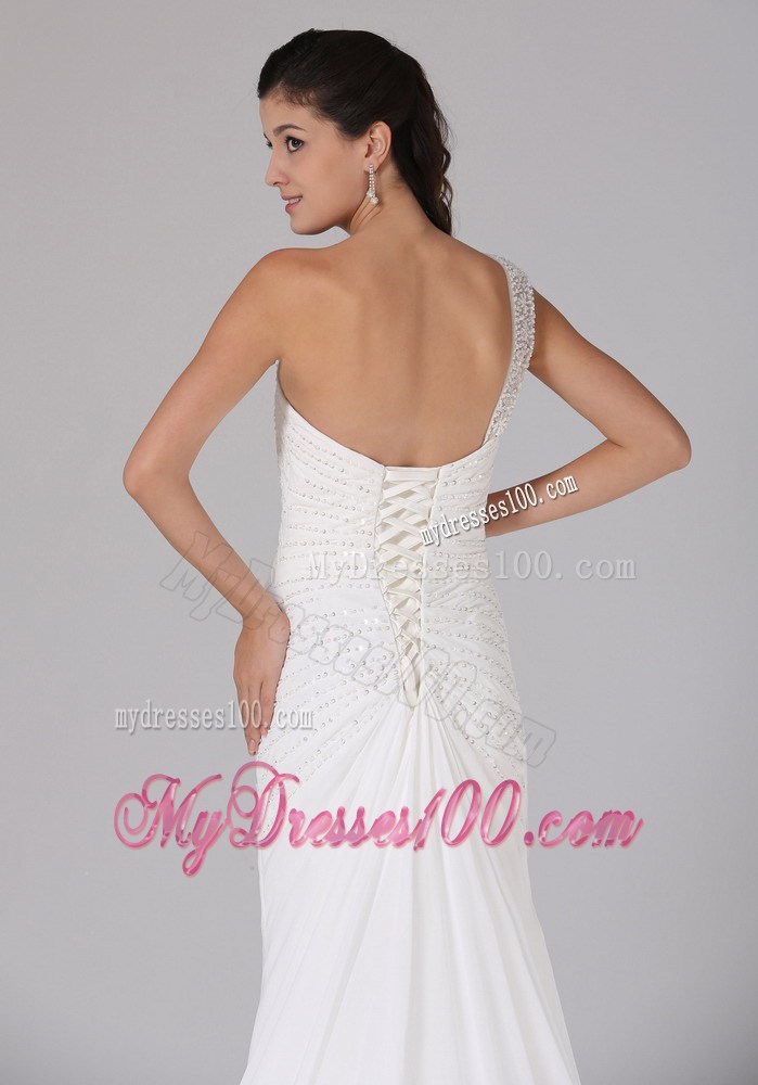 Jewelry Single Shoulder Ruching Chiffon Wedding Gowns with Court Train