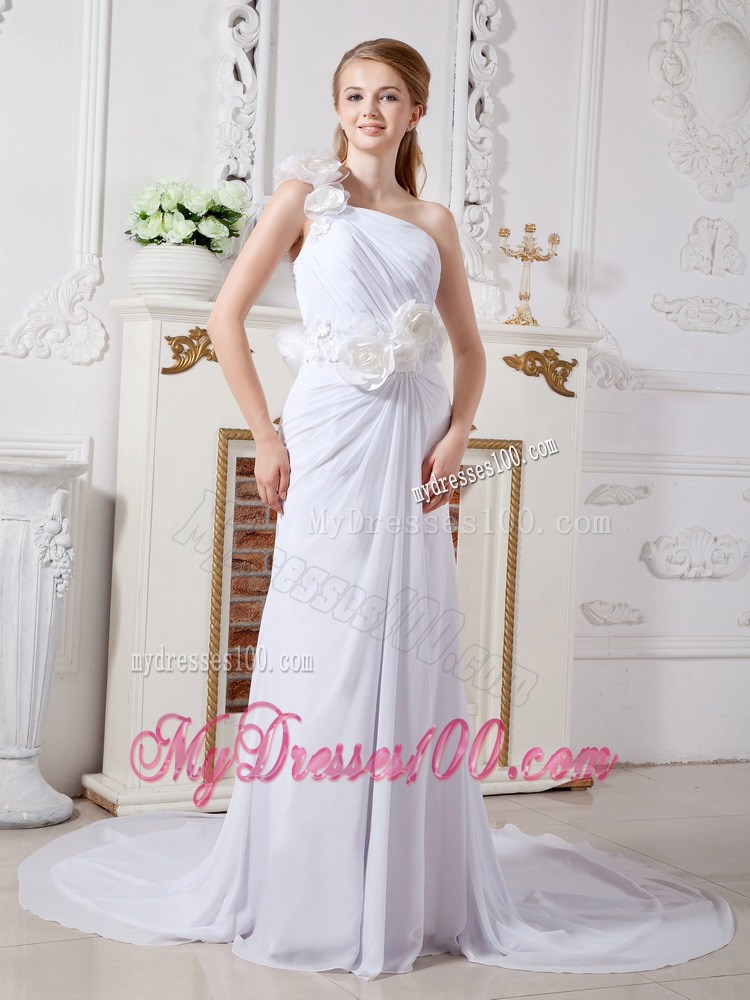 Handle Flowers Single Shoulder Back Covered Chiffon Wedding Dresses