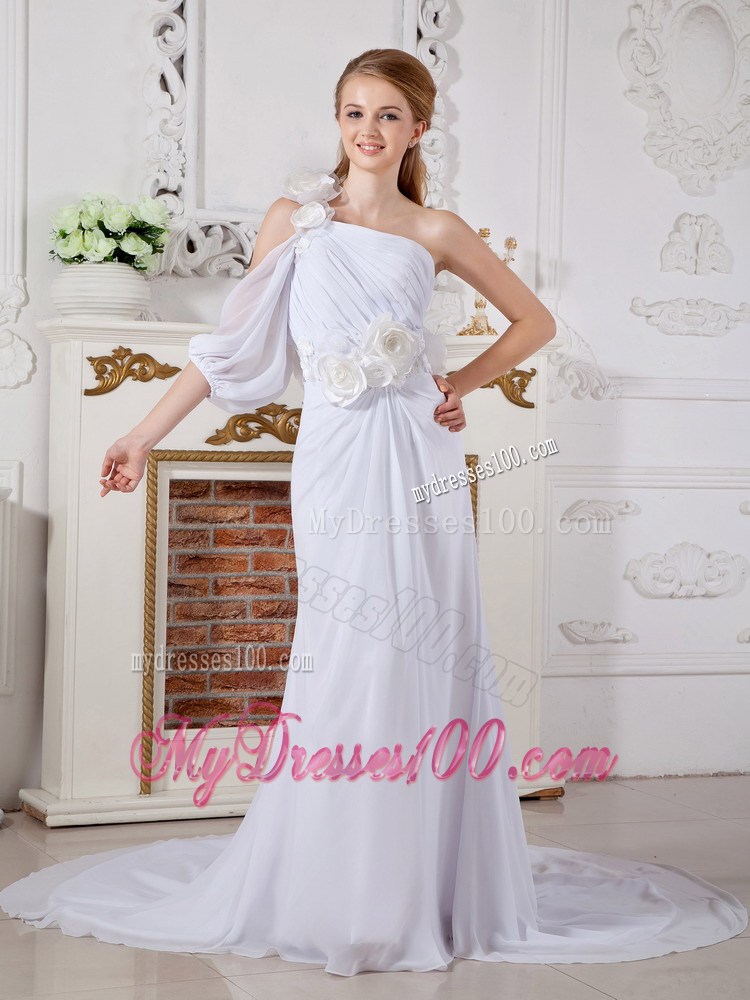 Handle Flowers Single Shoulder Back Covered Chiffon Wedding Dresses