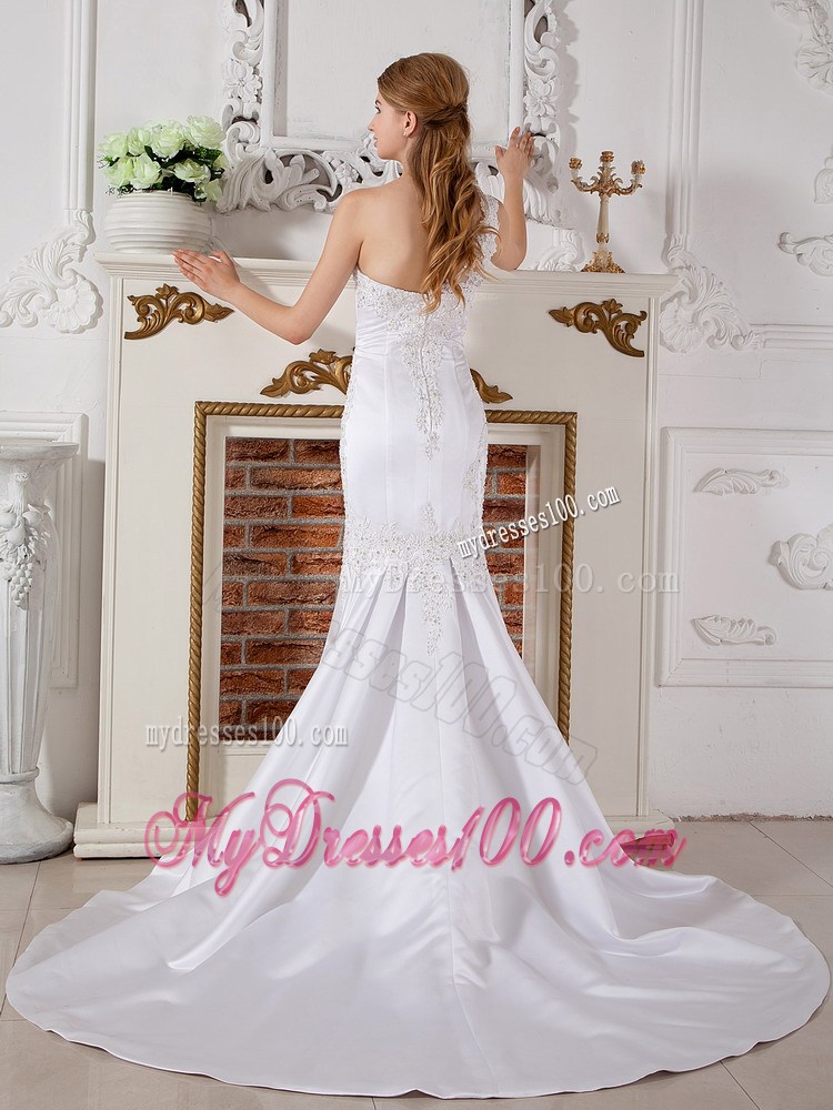 One Shoulder Appliqued and Beaded Trumpet Court Train Bridal Dress