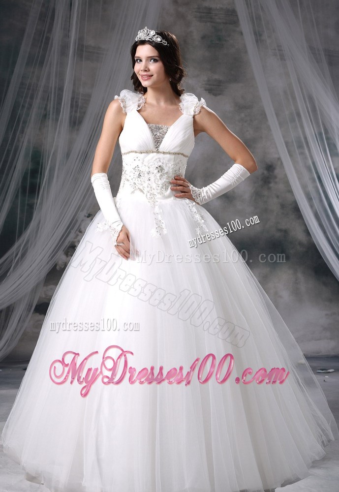 Straps Beaded and Ruched Floor-length Sleeveless Wedding Dresses