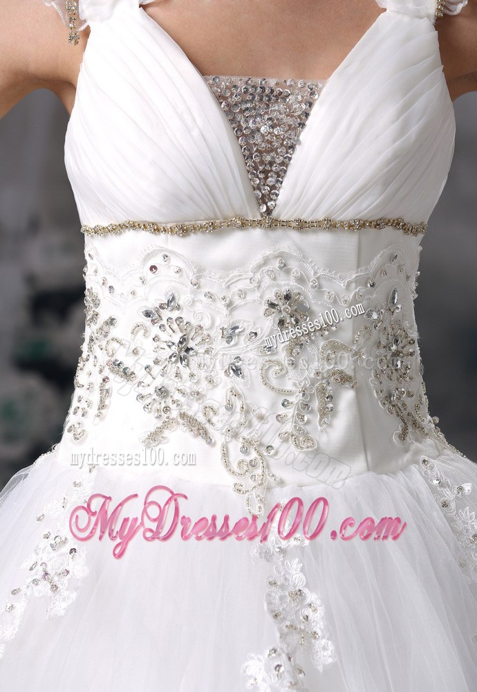 Straps Beaded and Ruched Floor-length Sleeveless Wedding Dresses