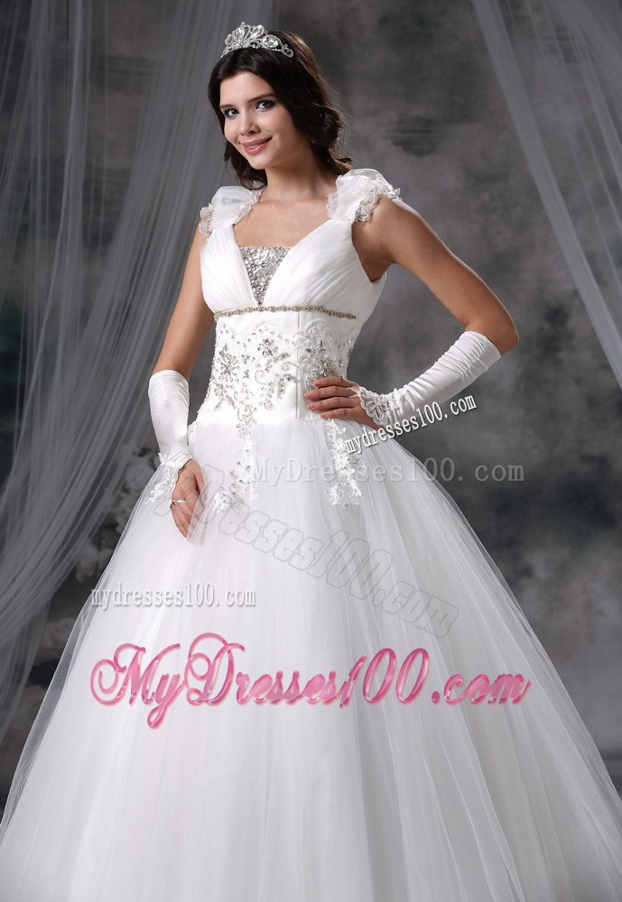 Straps Beaded and Ruched Floor-length Sleeveless Wedding Dresses