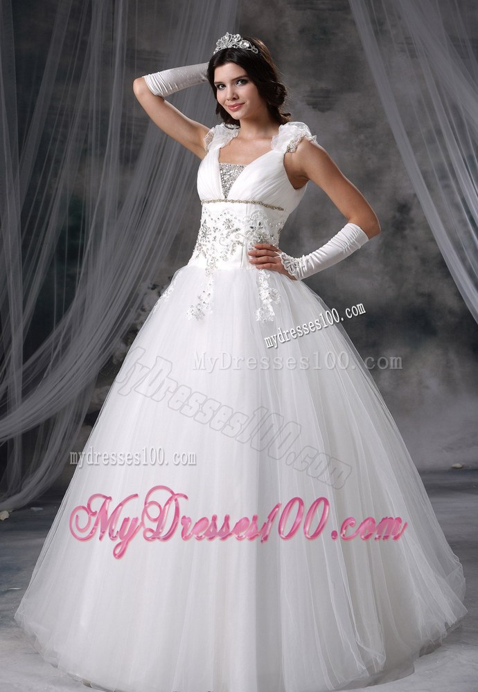 Straps Beaded and Ruched Floor-length Sleeveless Wedding Dresses