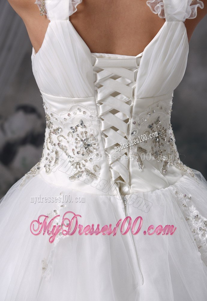 Straps Beaded and Ruched Floor-length Sleeveless Wedding Dresses