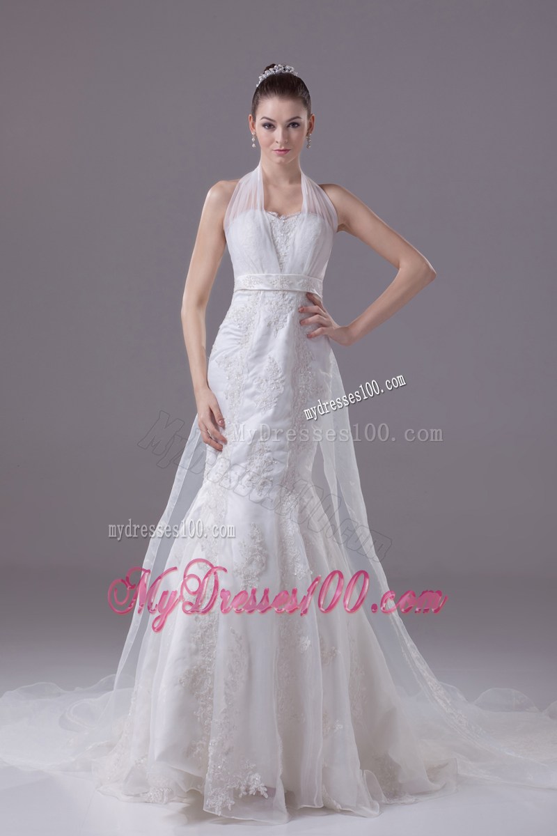 Halter Mermaid Court Train Beaded and Appliqued Wedding Dresses