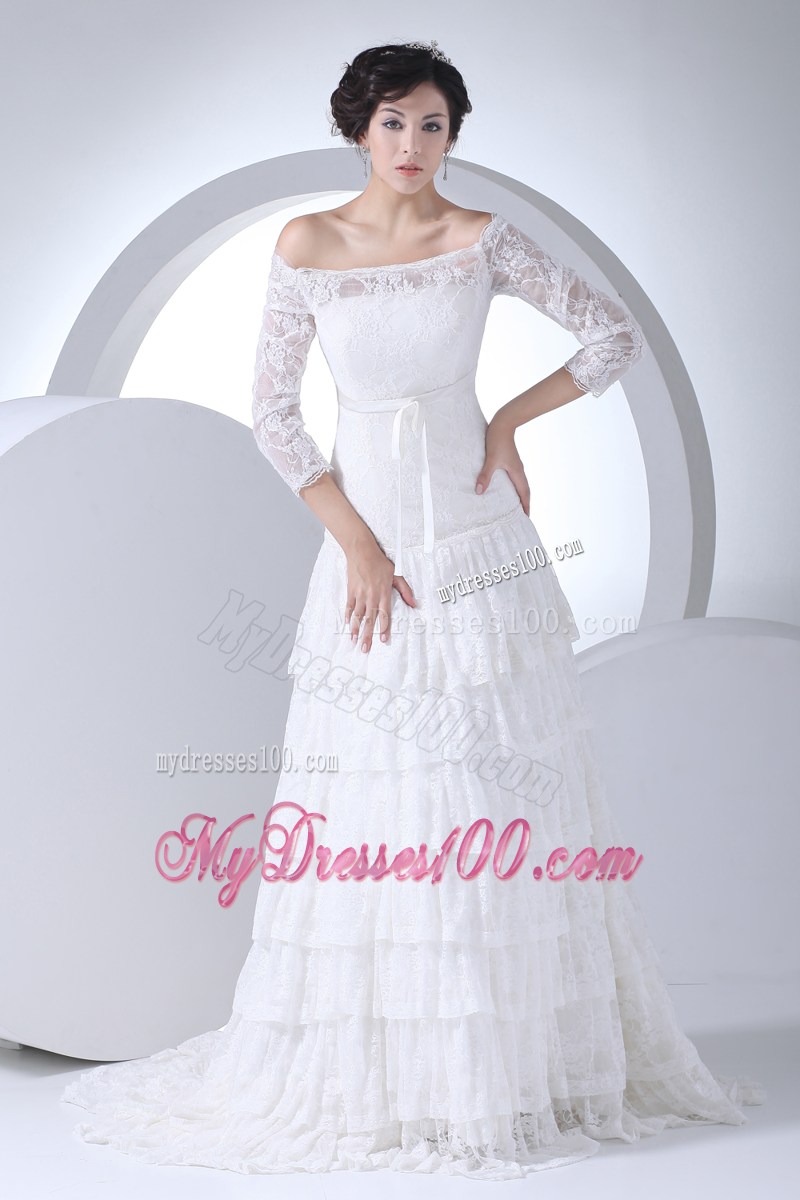 Off-the-shoulder Court Train Lace Wedding Dress with 3 4 Sleeves