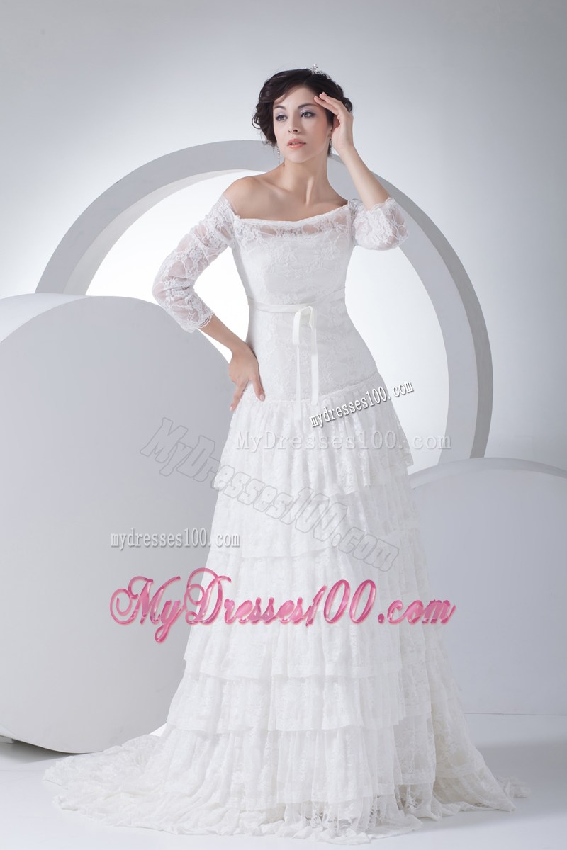 Off-the-shoulder Court Train Lace Wedding Dress with 3 4 Sleeves