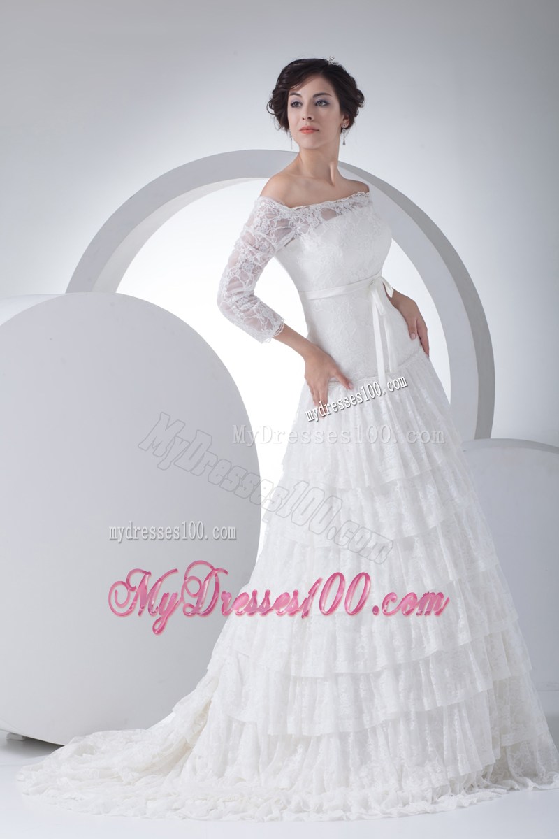 Off-the-shoulder Court Train Lace Wedding Dress with 3 4 Sleeves