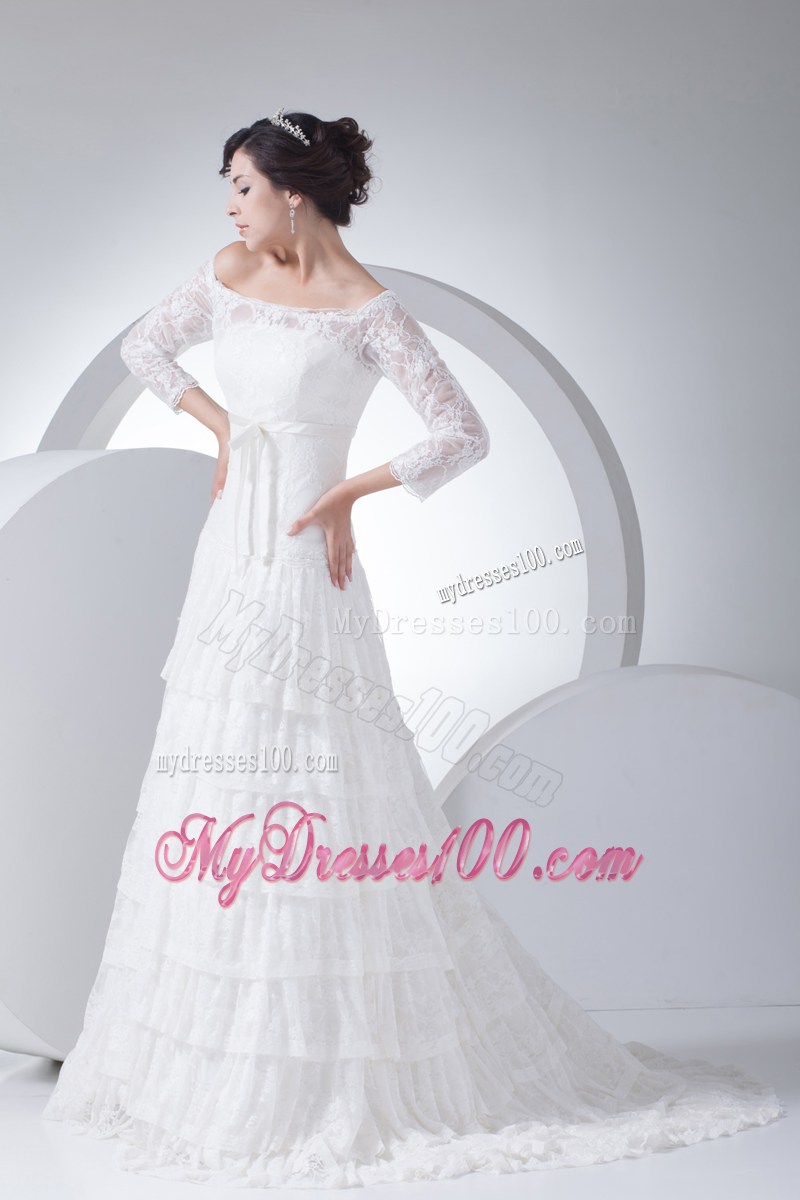 Off-the-shoulder Court Train Lace Wedding Dress with 3 4 Sleeves