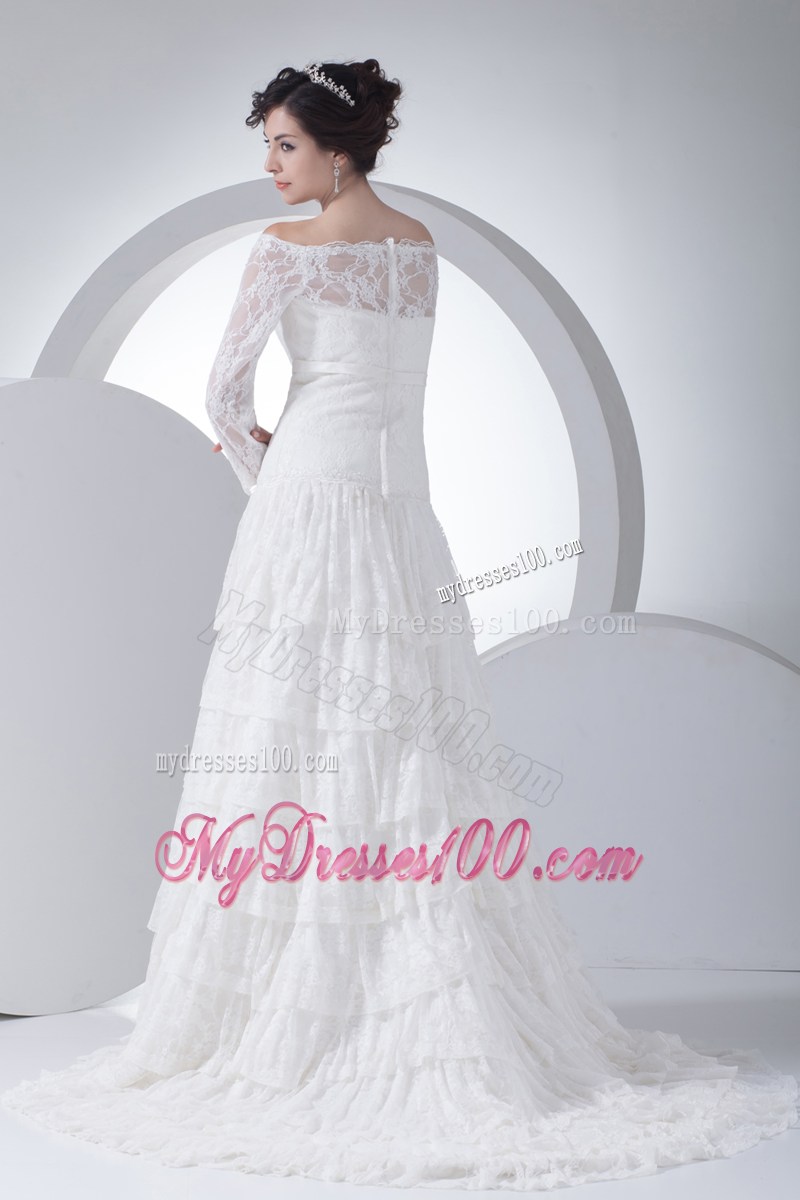 Off-the-shoulder Court Train Lace Wedding Dress with 3 4 Sleeves