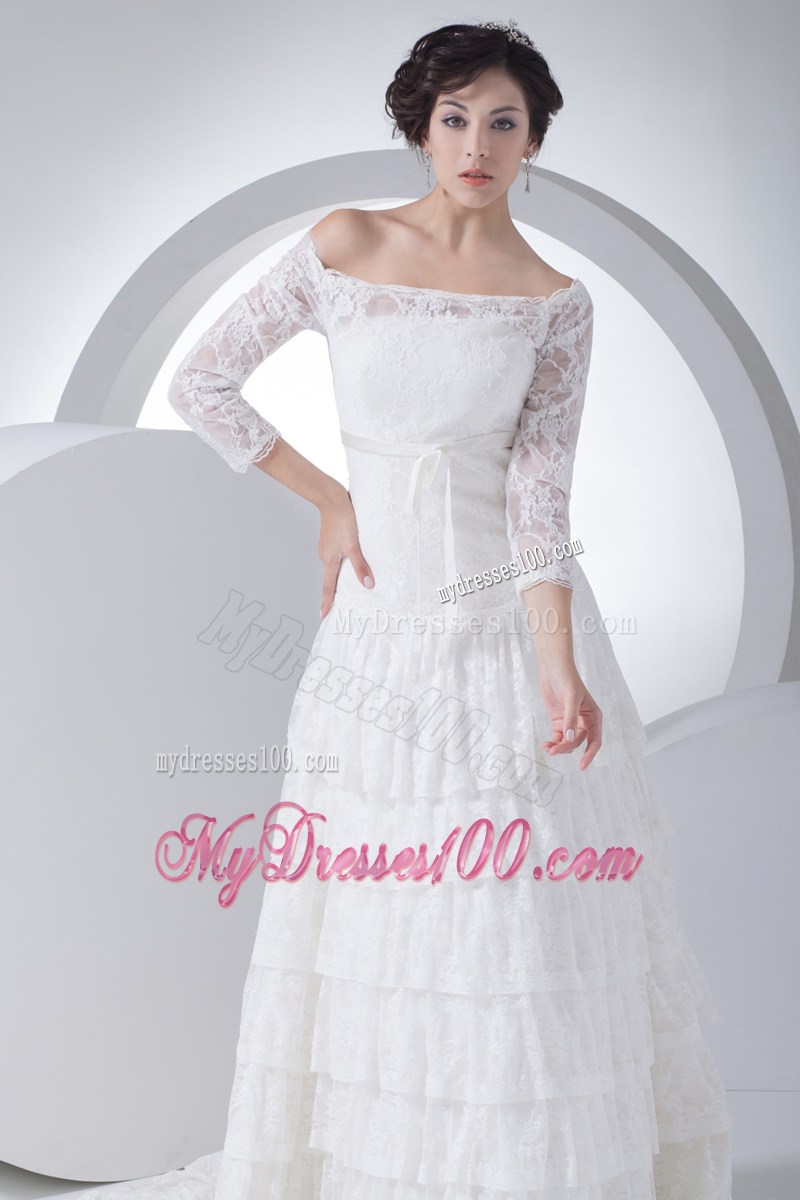 Off-the-shoulder Court Train Lace Wedding Dress with 3 4 Sleeves