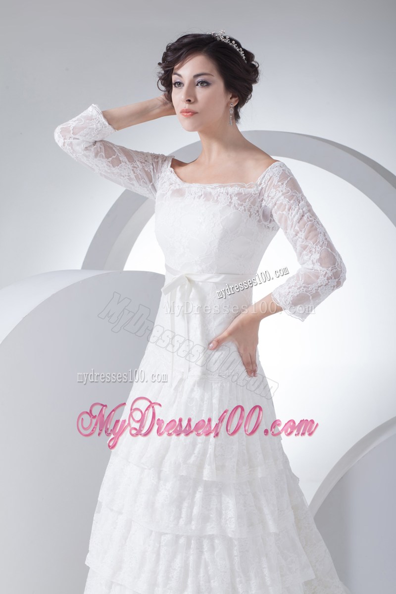 Off-the-shoulder Court Train Lace Wedding Dress with 3 4 Sleeves