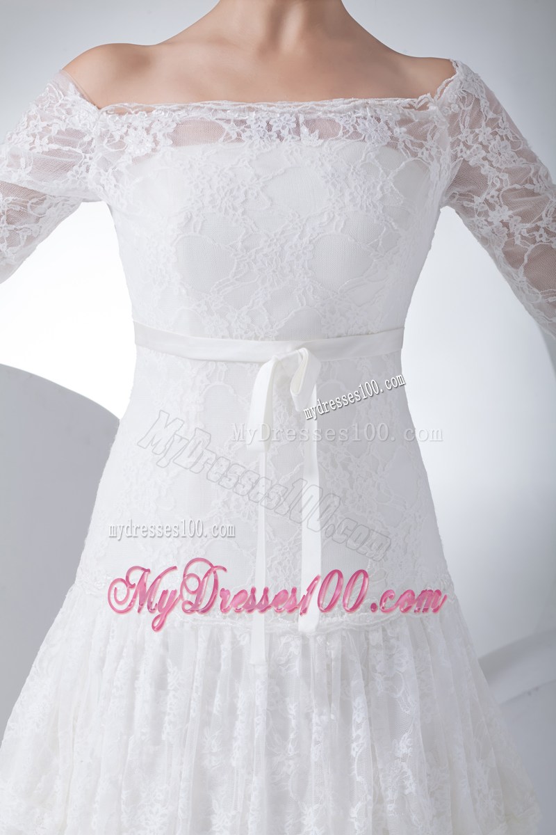 Off-the-shoulder Court Train Lace Wedding Dress with 3 4 Sleeves