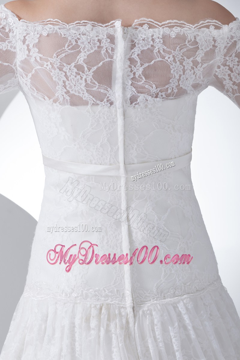 Off-the-shoulder Court Train Lace Wedding Dress with 3 4 Sleeves