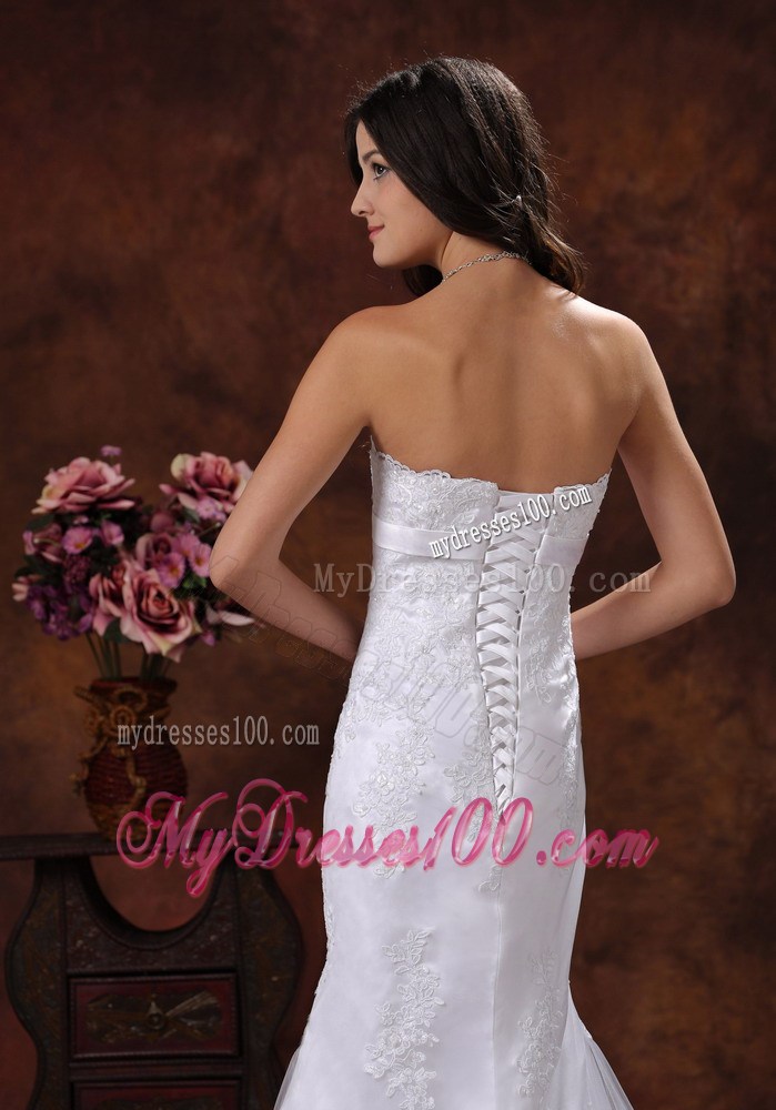 Lace Flowers Mermaid Sweep Train Wedding Gowns with Satin Sashes