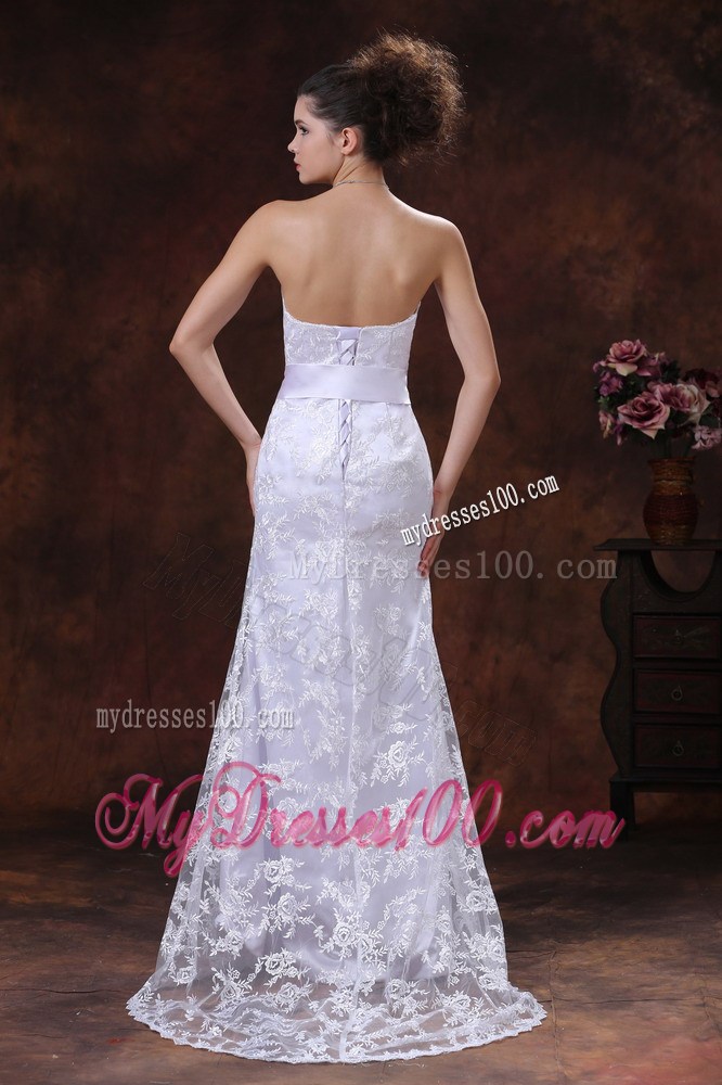 Lace Column Strapless Sleeveless Brush Train Wedding Gown with Sash