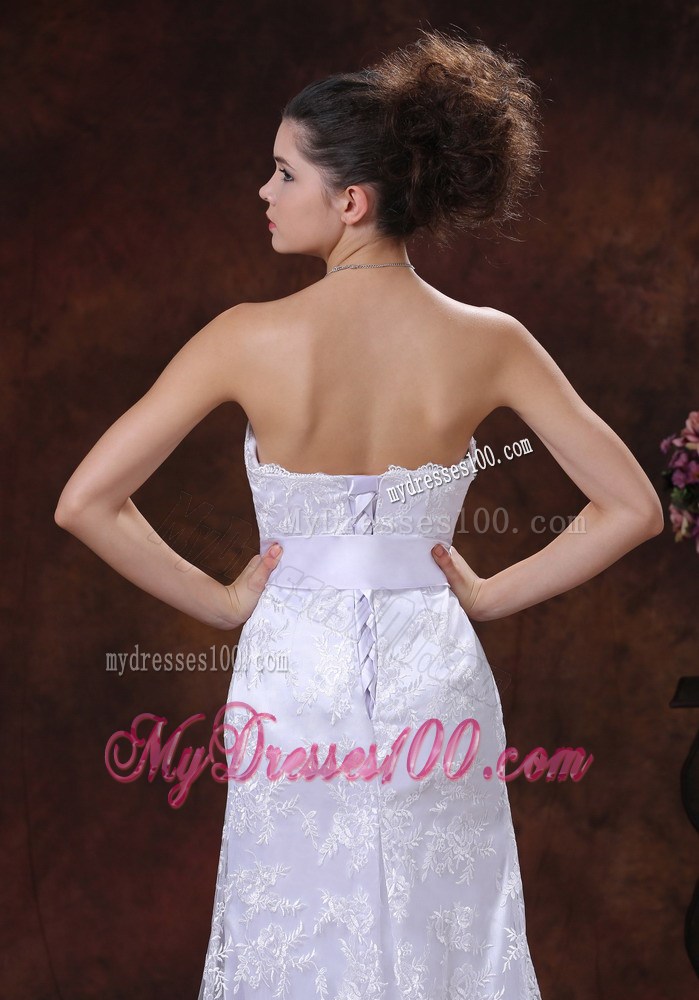 Lace Column Strapless Sleeveless Brush Train Wedding Gown with Sash