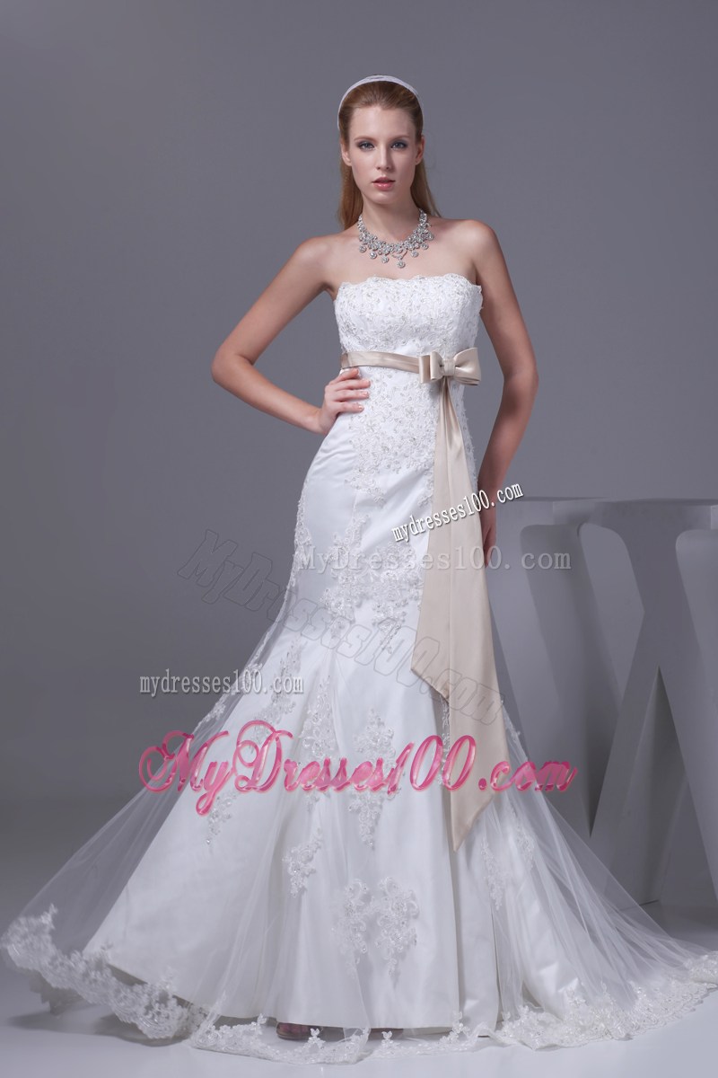 Beaded Appliques and Champagne Sash Accent Court Mermaid Wedding Gown