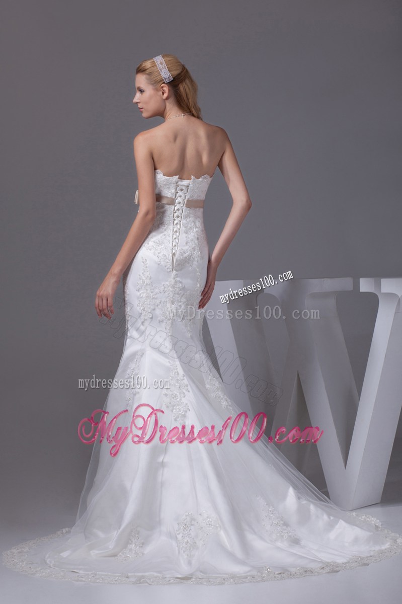 Beaded Appliques and Champagne Sash Accent Court Mermaid Wedding Gown