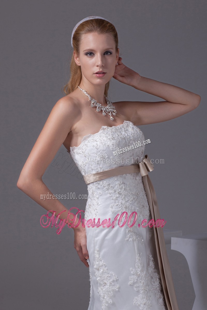 Beaded Appliques and Champagne Sash Accent Court Mermaid Wedding Gown