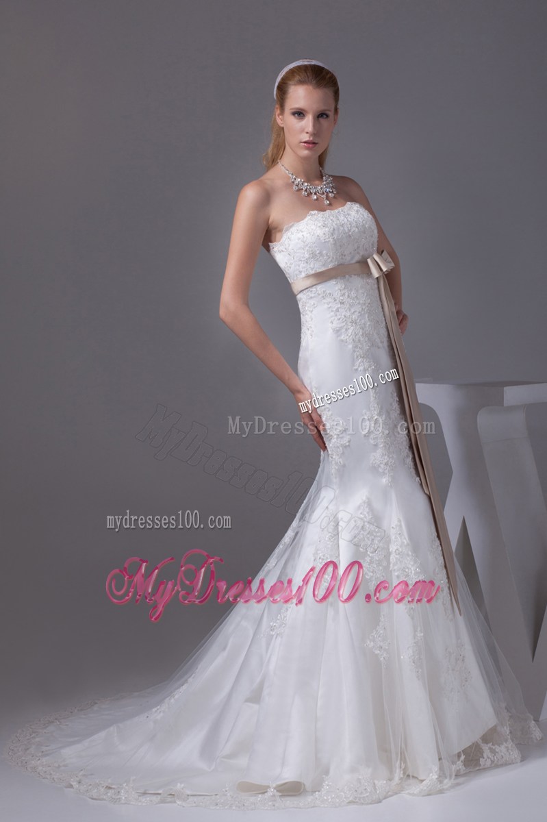Beaded Appliques and Champagne Sash Accent Court Mermaid Wedding Gown