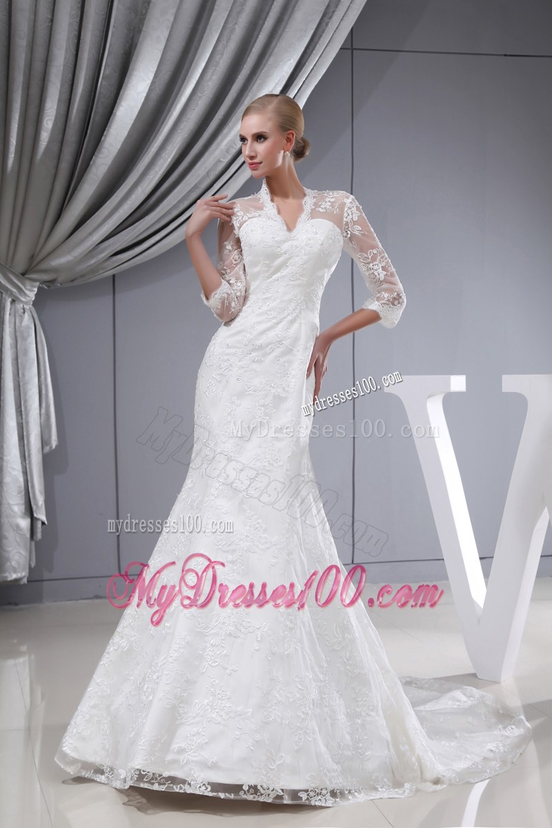 Mermaid 3 4-Length Sleeve White Wedding Dress Court Train