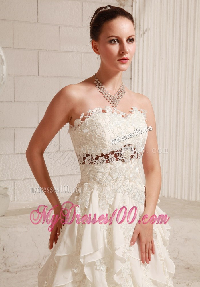 Dreamy Champagne Lace Dress for Wedding with Ruffles Brush Train