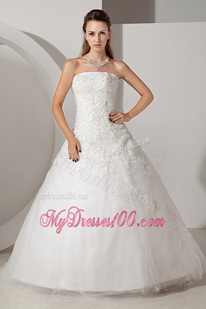 Lovely Ball Gown Strapless Court Train Appliques Wedding Gown