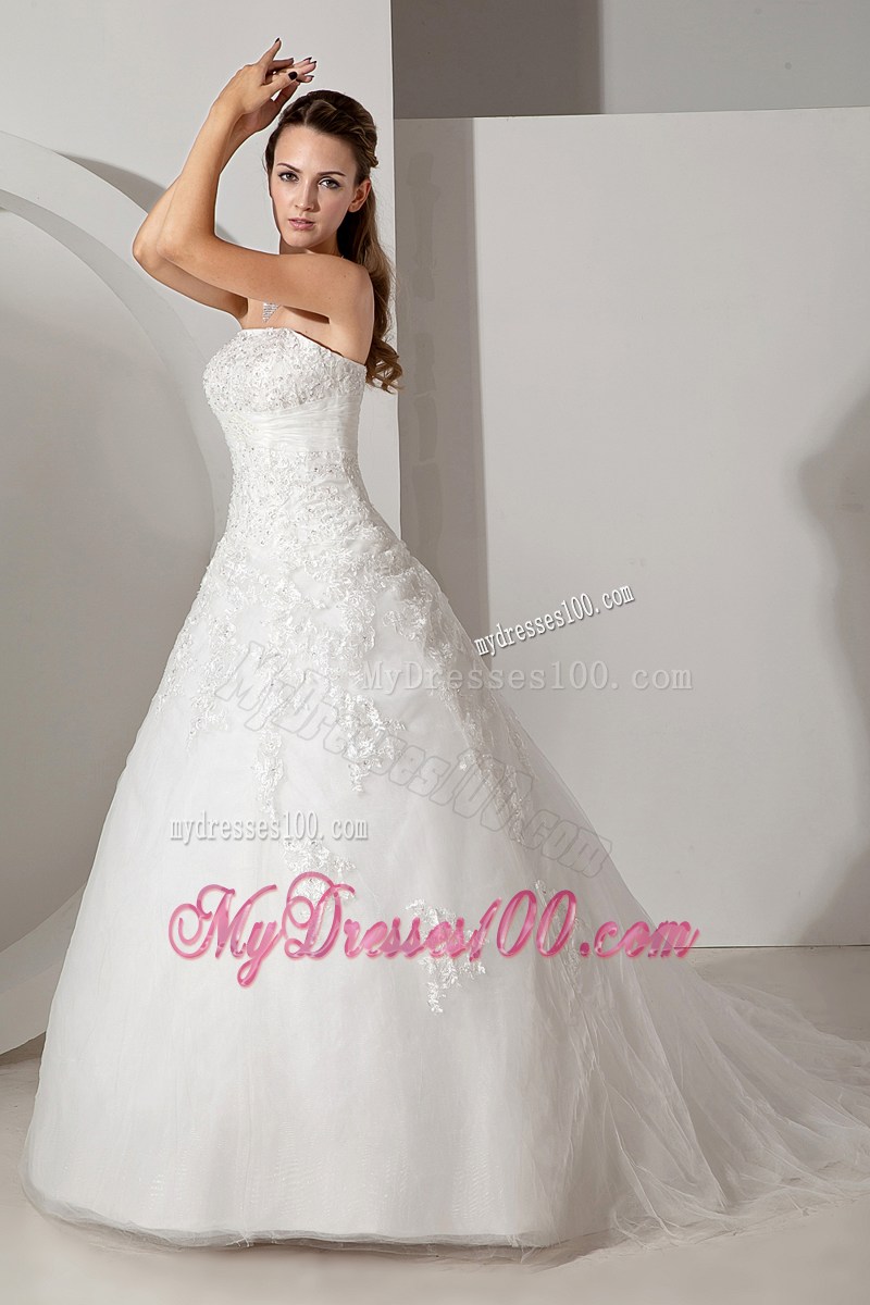 Lovely Ball Gown Strapless Court Train Appliques Wedding Gown