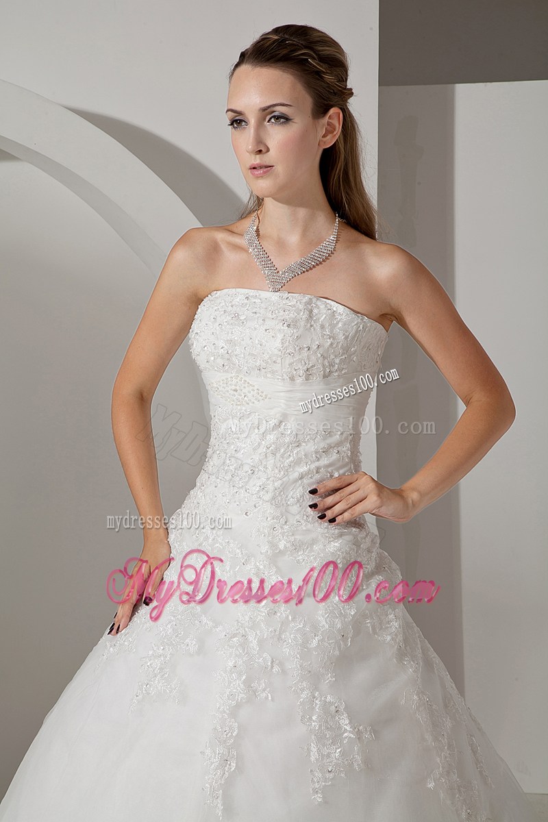 Lovely Ball Gown Strapless Court Train Appliques Wedding Gown