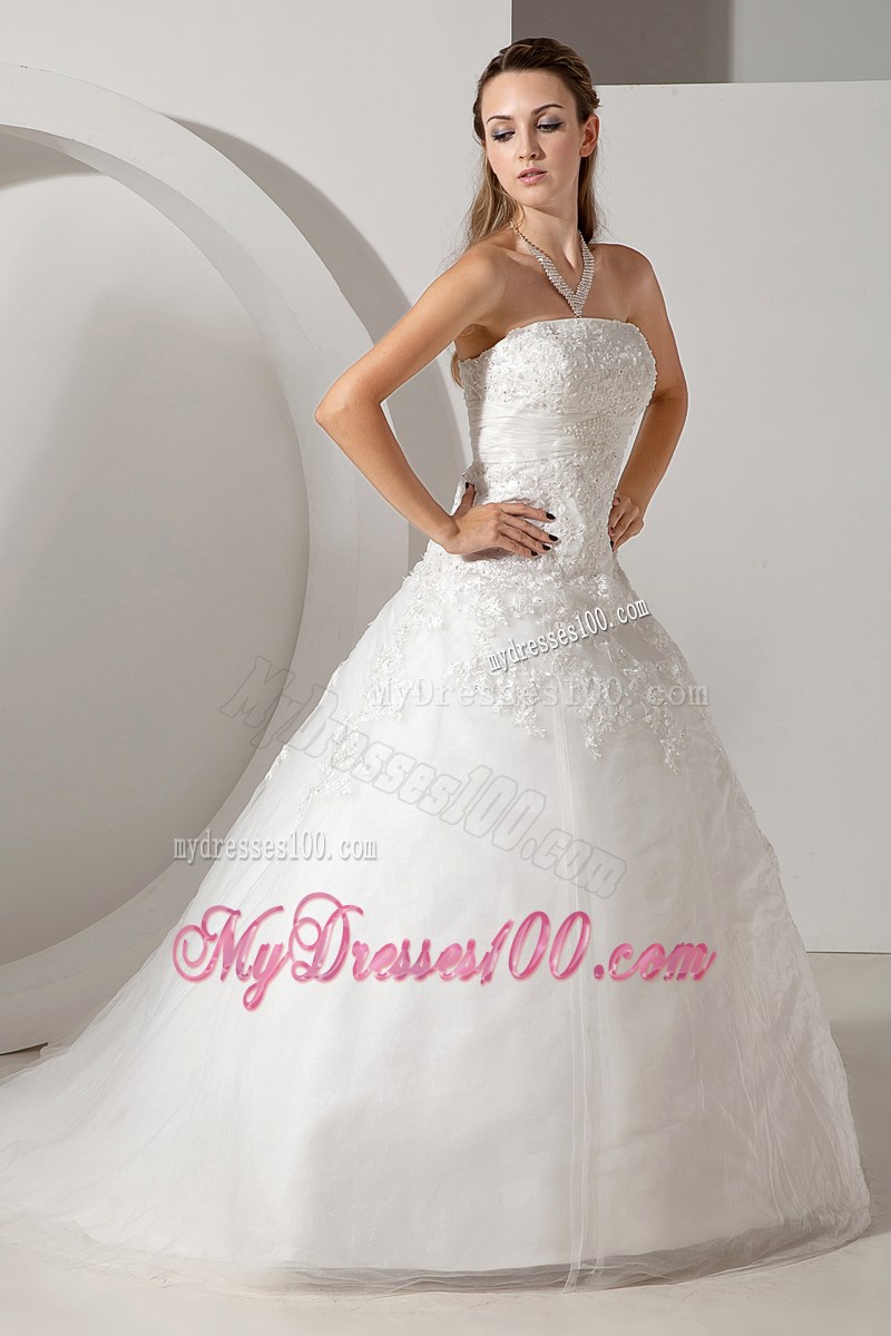 Lovely Ball Gown Strapless Court Train Appliques Wedding Gown