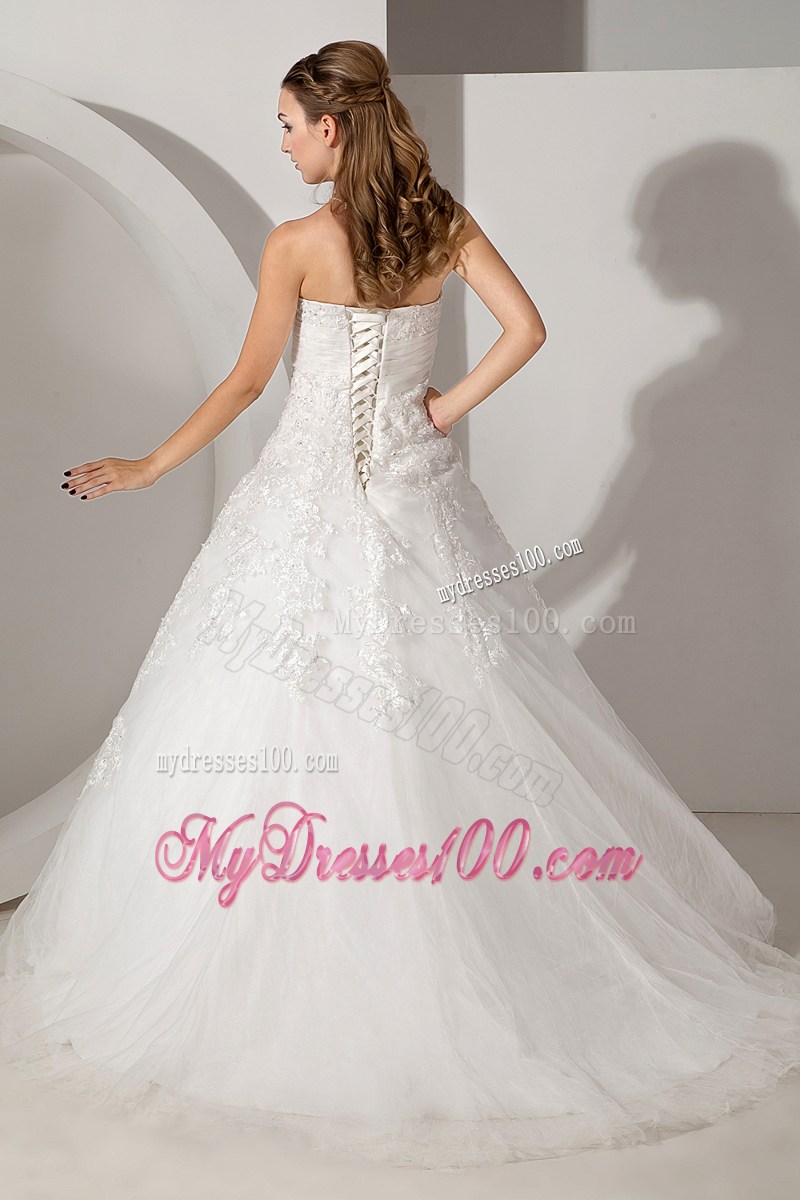 Lovely Ball Gown Strapless Court Train Appliques Wedding Gown