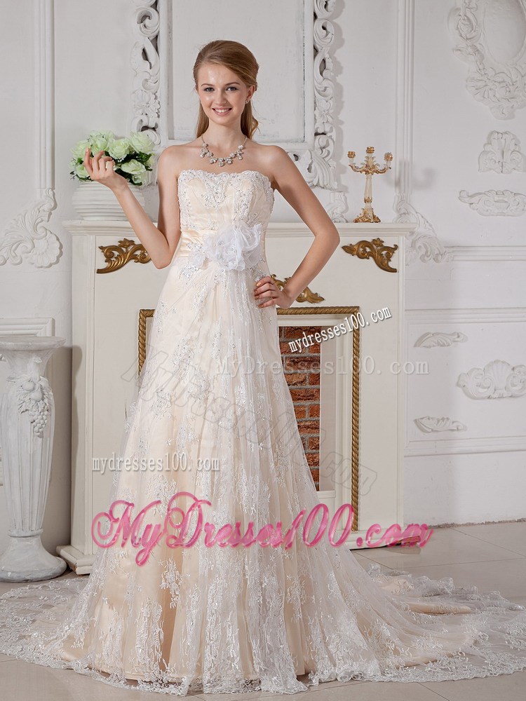 Lace Flowers Court Train Bridal Dress in Champagne with Handle Flowers