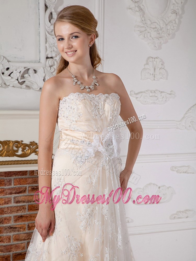 Lace Flowers Court Train Bridal Dress in Champagne with Handle Flowers