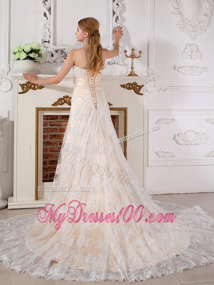 Lace Flowers Court Train Bridal Dress in Champagne with Handle Flowers