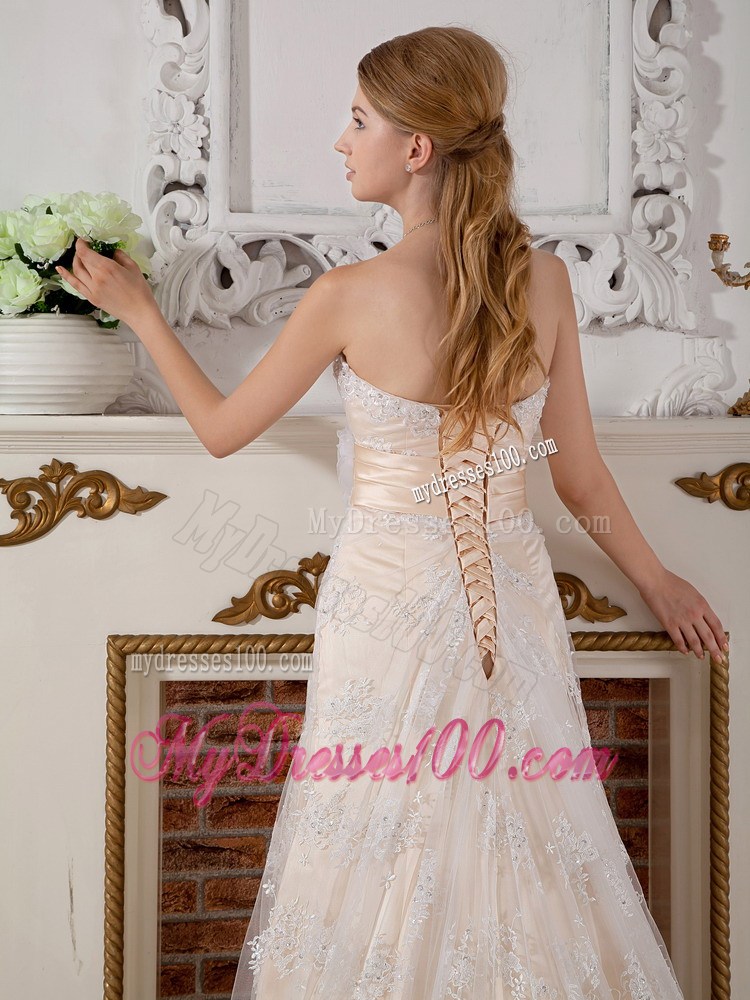 Lace Flowers Court Train Bridal Dress in Champagne with Handle Flowers