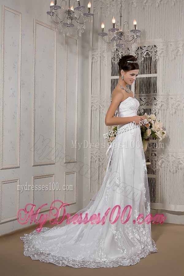 Strapless Sweetheart Sash Appliques Court Train Wedding Dresses