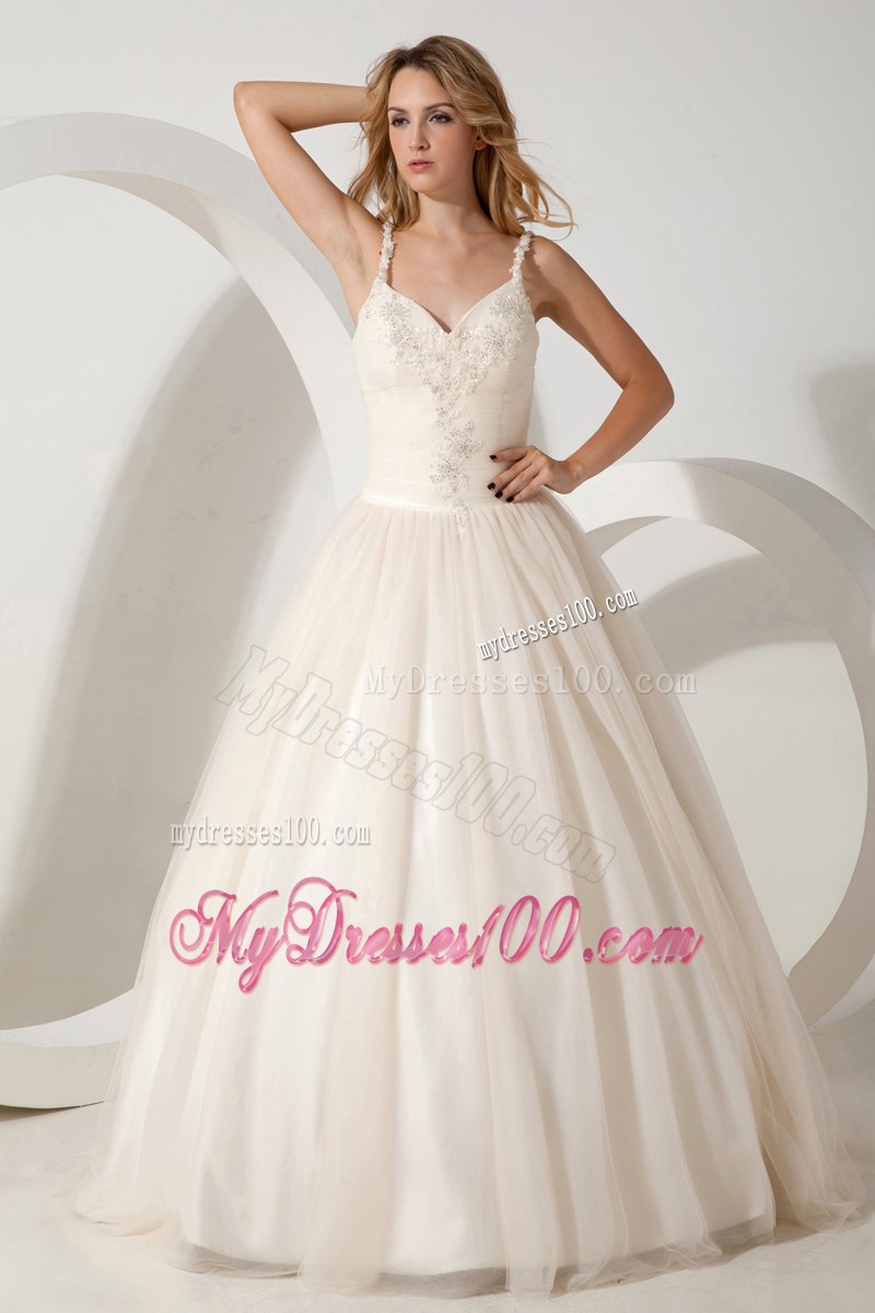 Lovely Ball Gown Brush Train Appliques Wedding Dress with Straps