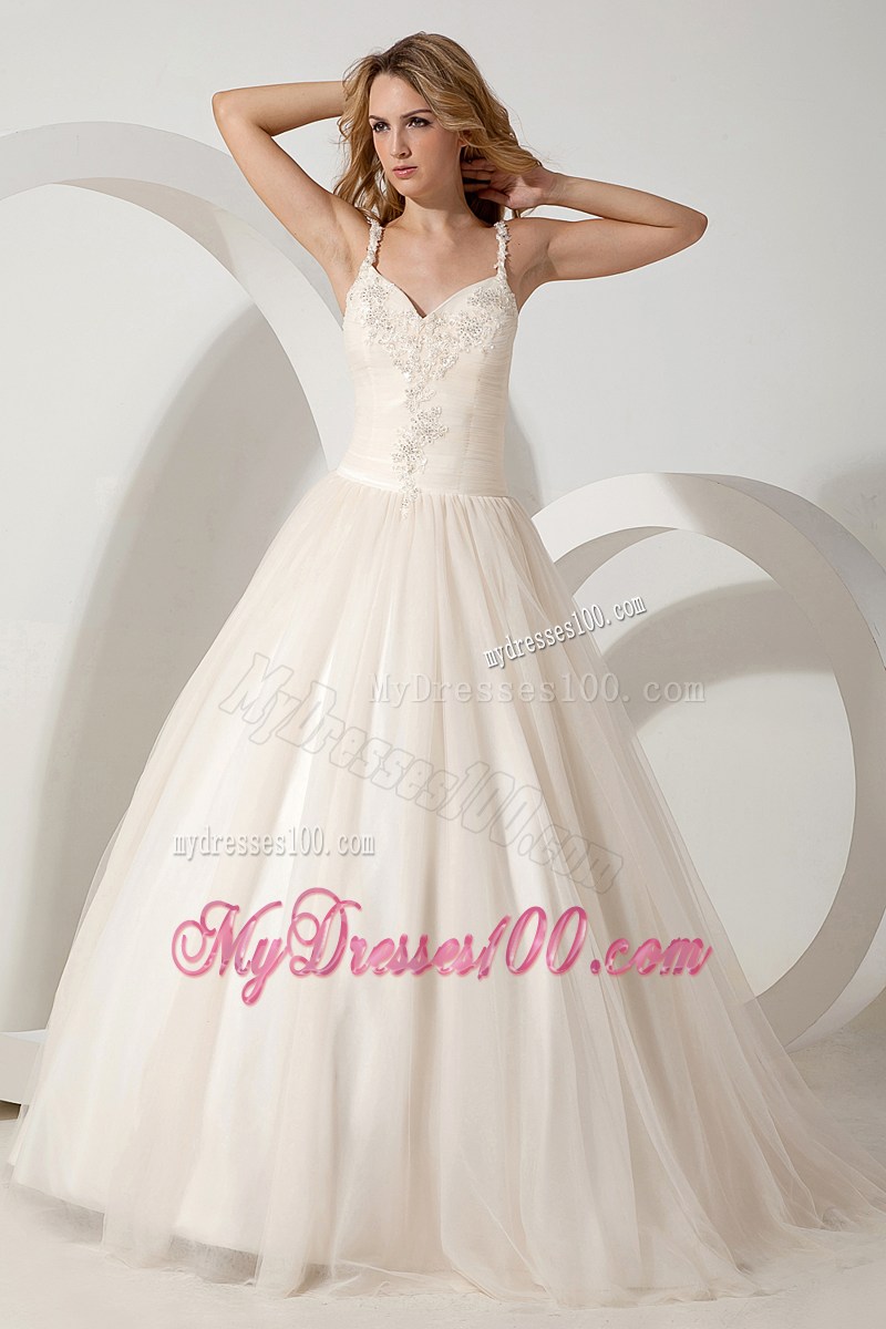Lovely Ball Gown Brush Train Appliques Wedding Dress with Straps