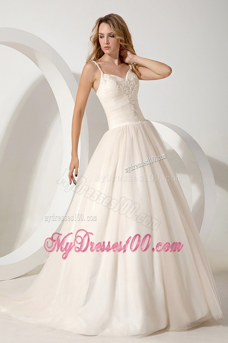 Lovely Ball Gown Brush Train Appliques Wedding Dress with Straps
