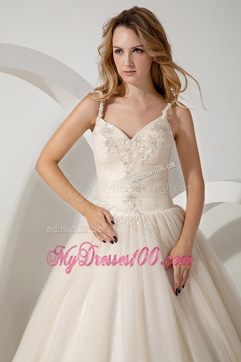 Lovely Ball Gown Brush Train Appliques Wedding Dress with Straps