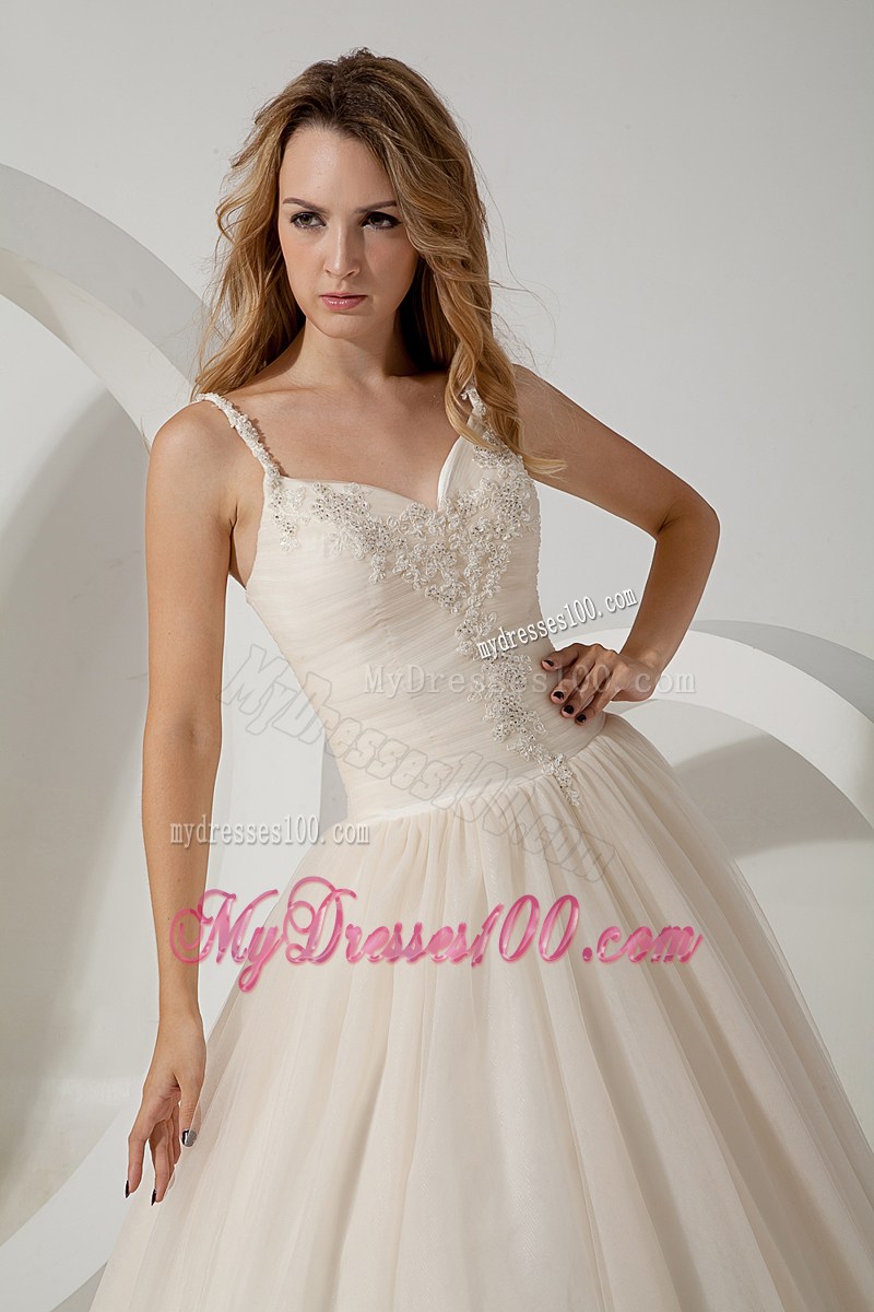 Lovely Ball Gown Brush Train Appliques Wedding Dress with Straps