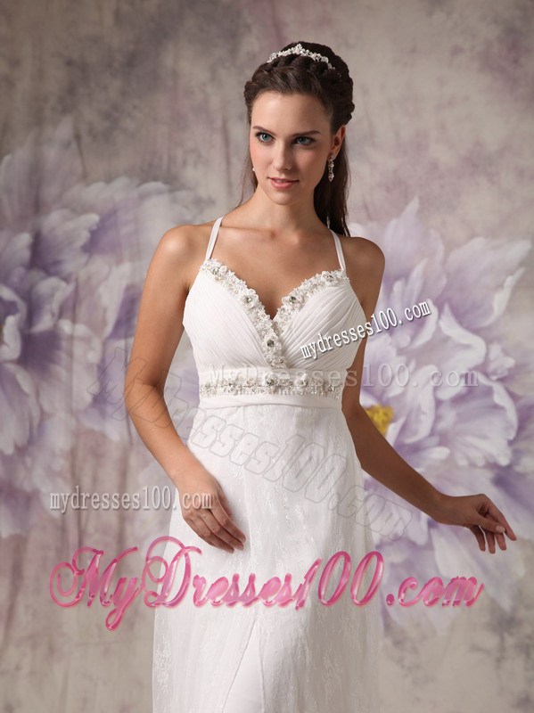 Spaghetti Straps Column Brush Train Wedding Gown with Beading and Bow