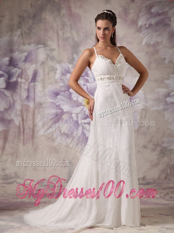 Spaghetti Straps Column Brush Train Wedding Gown with Beading and Bow