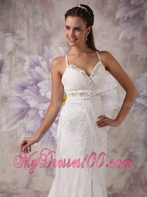 Spaghetti Straps Column Brush Train Wedding Gown with Beading and Bow