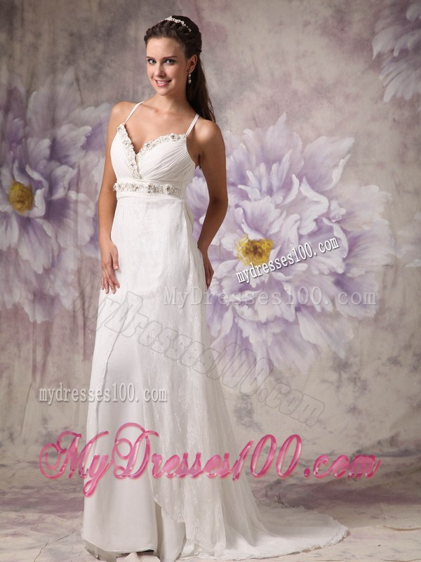 Spaghetti Straps Column Brush Train Wedding Gown with Beading and Bow