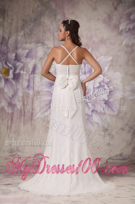 Spaghetti Straps Column Brush Train Wedding Gown with Beading and Bow