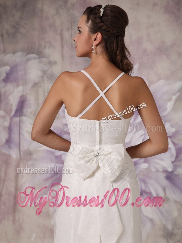 Spaghetti Straps Column Brush Train Wedding Gown with Beading and Bow