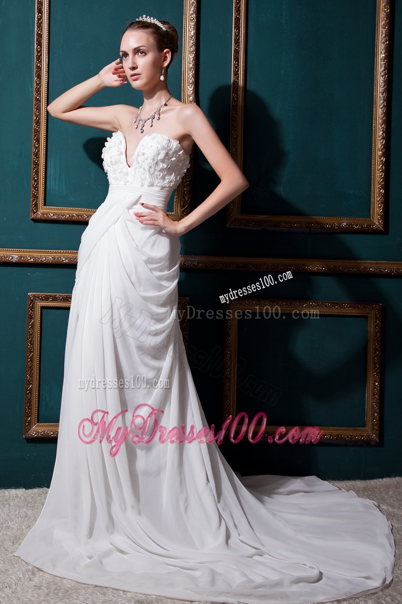 Strapless Sweetheart Floral Embellishment White Wedding Gown with Ruffles